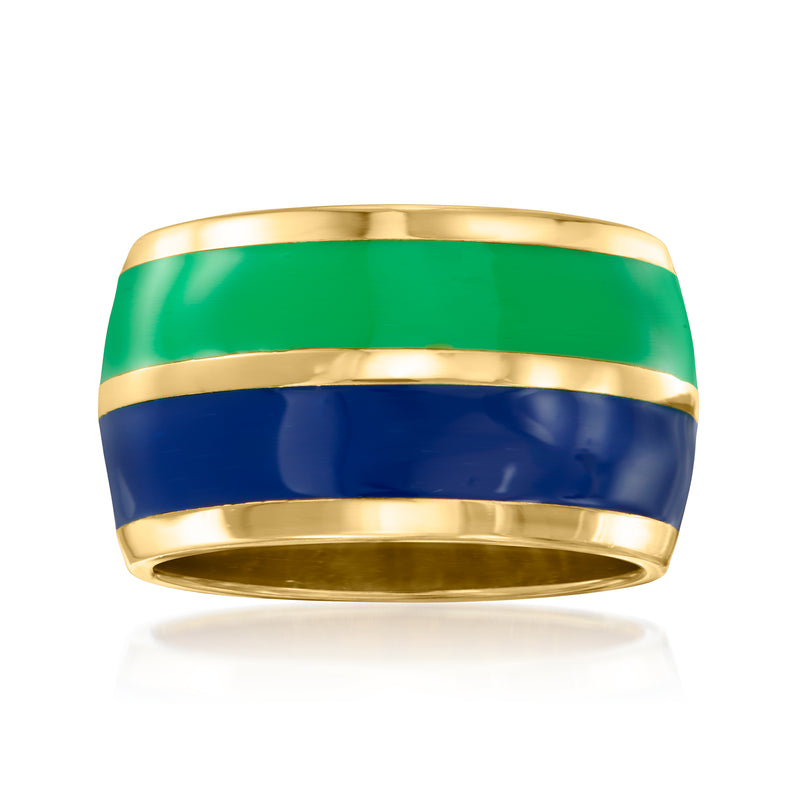 Enamel striped ring with green and blue bands, gold-tone edges, wide band