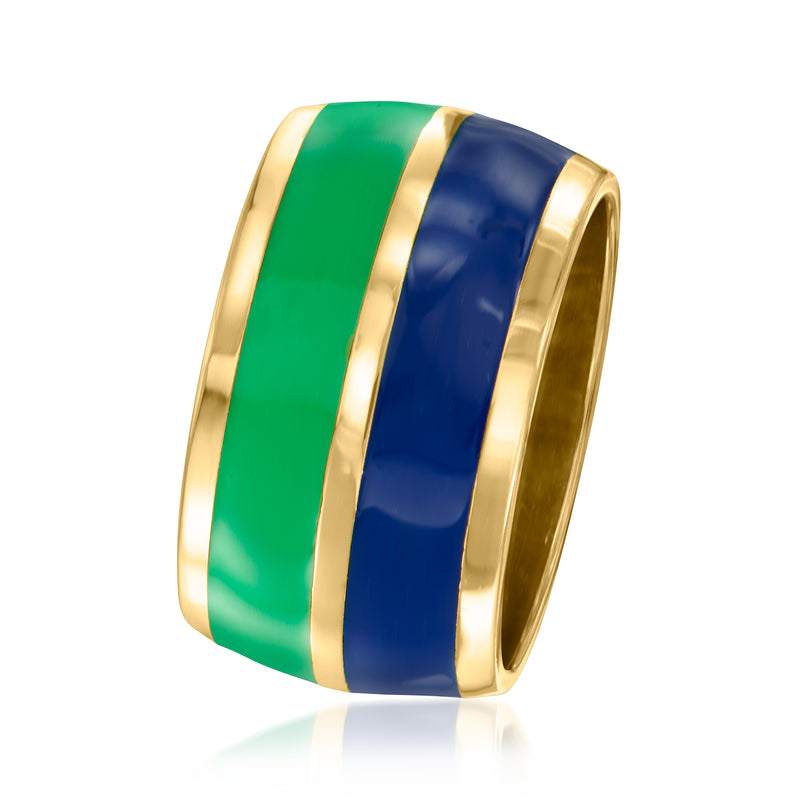Wide enamel ring with green and blue stripe panels, gold-tone edge, angled view