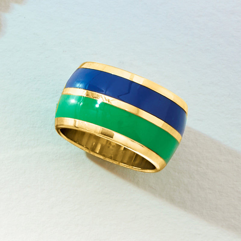 Wide striped enamel ring in green and blue with gold-tone border, rounded profile