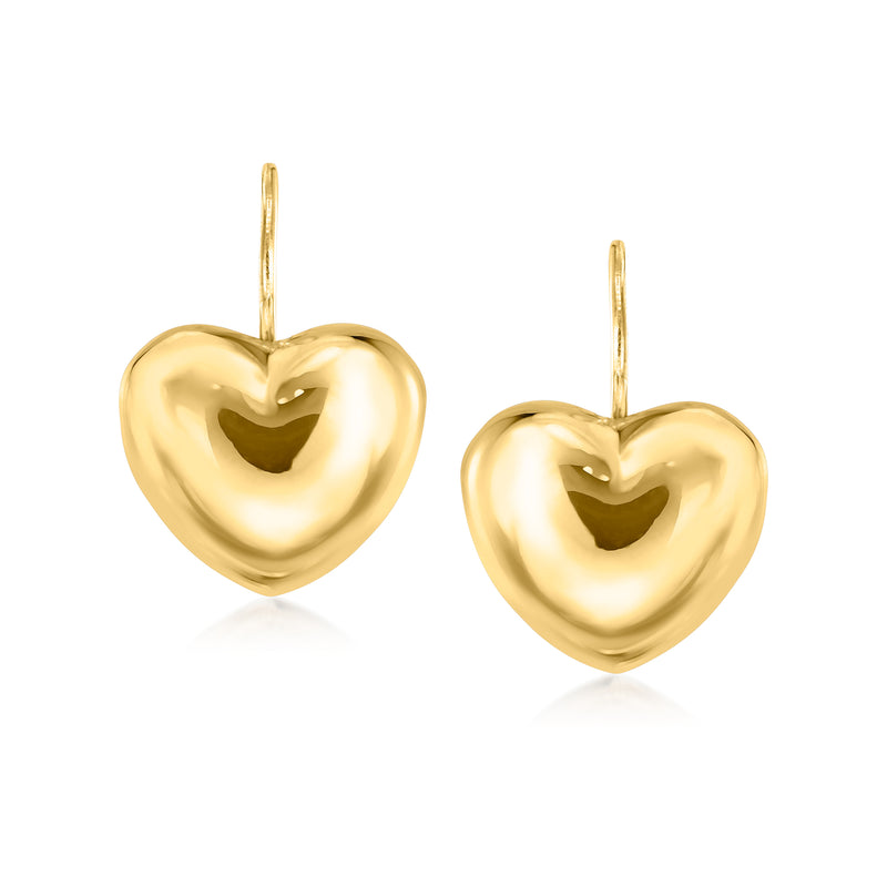 Gold heart drop earrings with leverback closures, puffed heart design