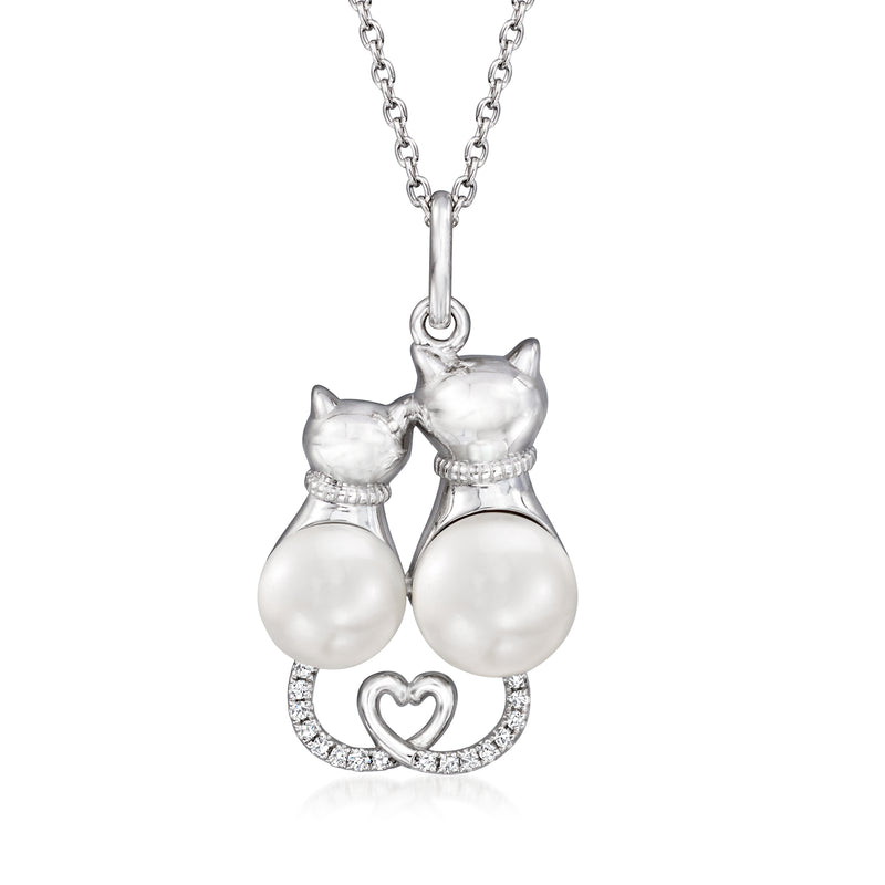 Sterling silver cat pendant necklace with two cultured pearls and diamond heart detail