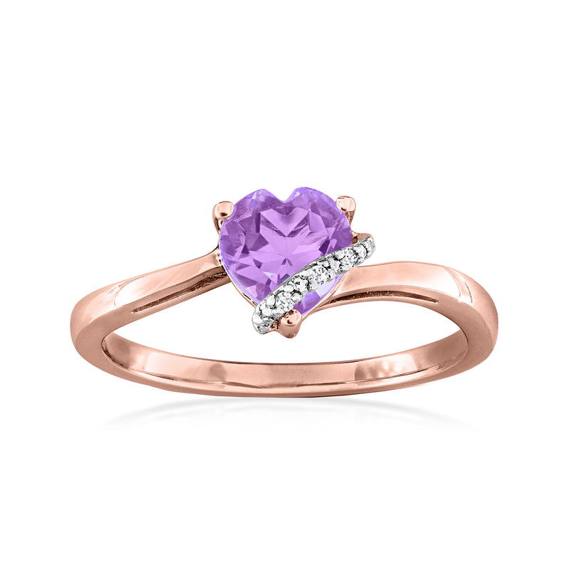 Amethyst heart ring with diamond accents in rose gold band