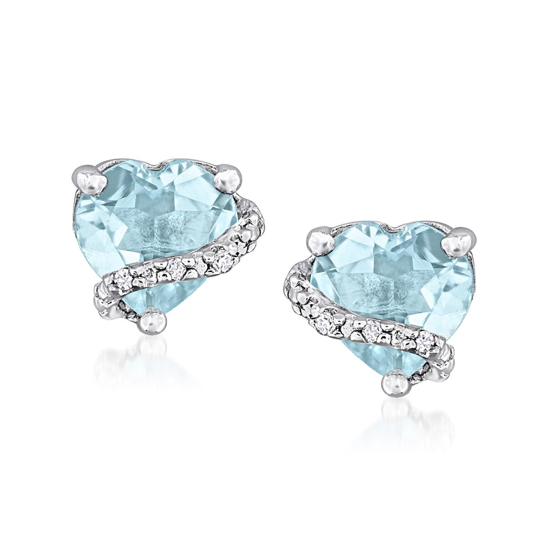 Sky blue heart topaz earrings with diamond accents, sterling silver, post backs
