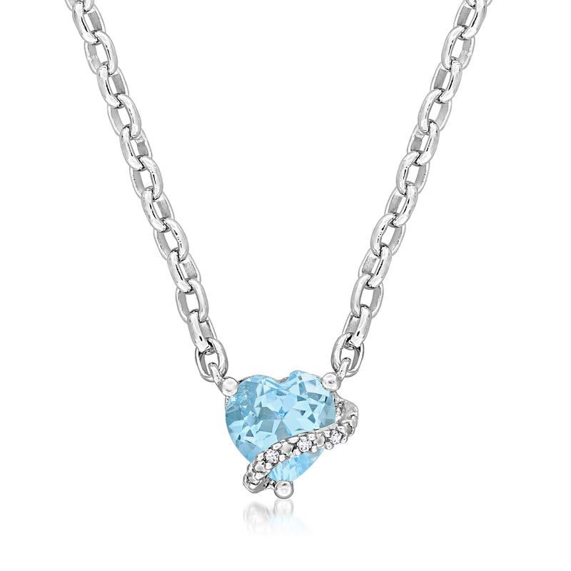Sterling silver heart necklace with sky blue topaz and small diamond accents