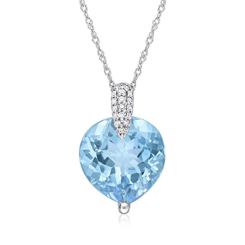 Sky blue topaz heart pendant necklace with diamond accents on white gold chain
