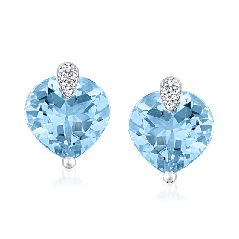 Sky blue topaz heart earrings with diamond halo and white gold posts