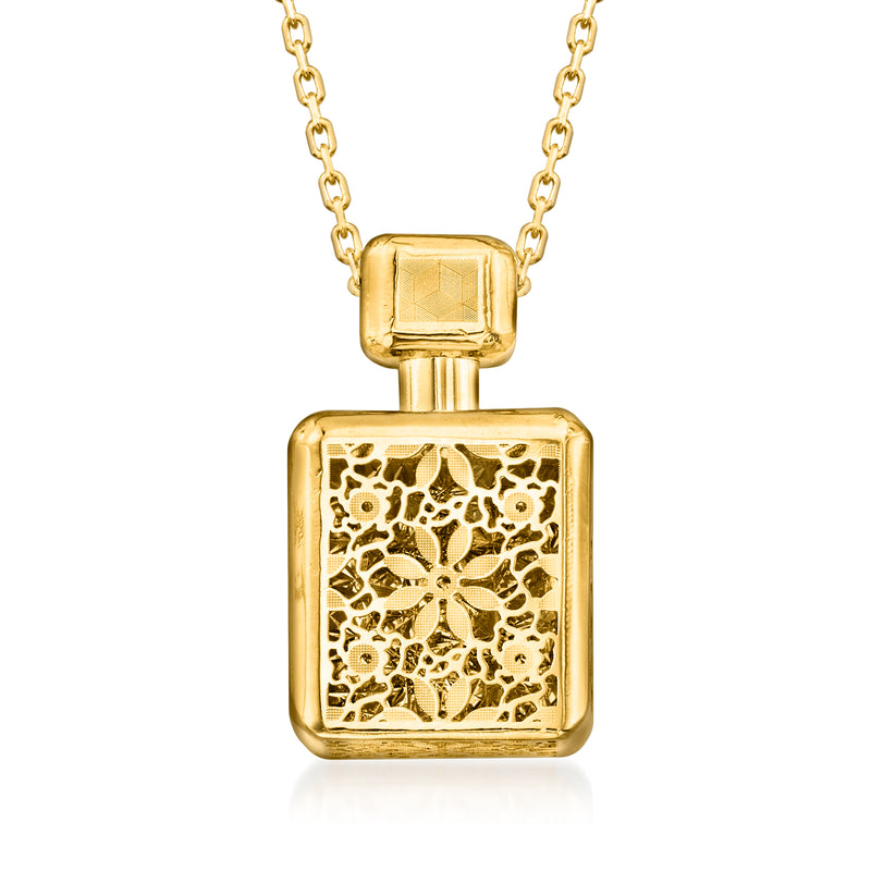 14kt yellow gold perfume bottle pendant necklace with textured front and chain