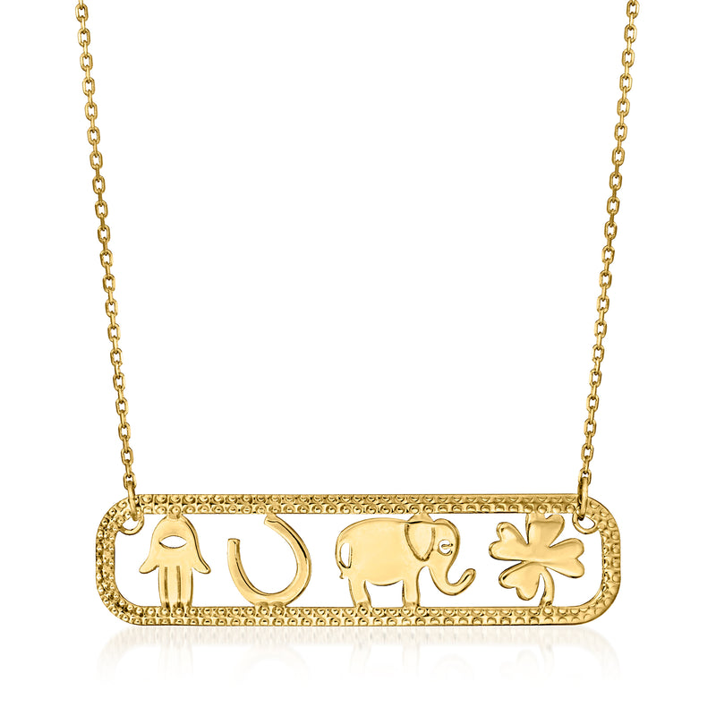 14kt yellow gold bar necklace with engraved lucky symbols: hand, crescent, elephant, clover