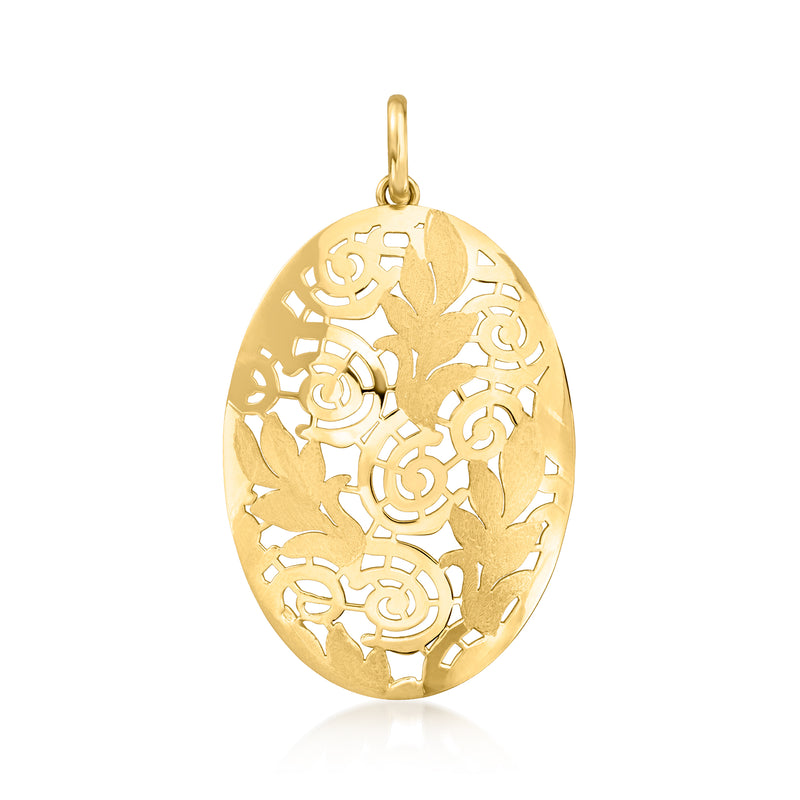 14kt yellow gold oval swirl leaf cutout pendant with bail for chain