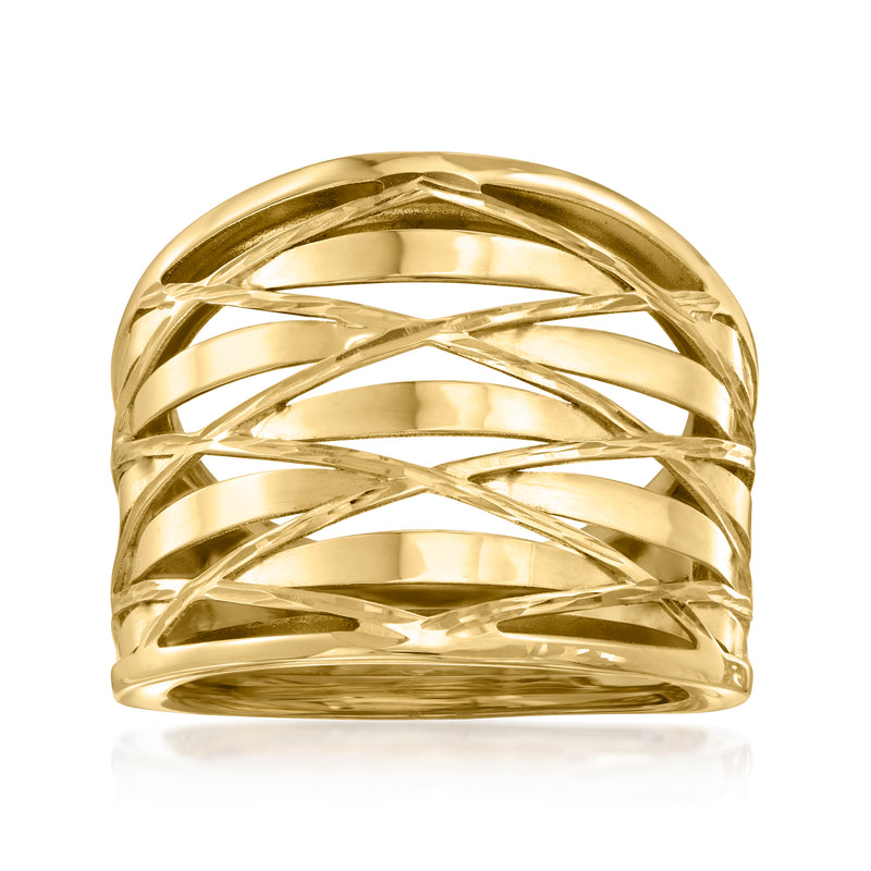 14kt yellow gold crisscross ring with woven ribbon-style bands, polished finish