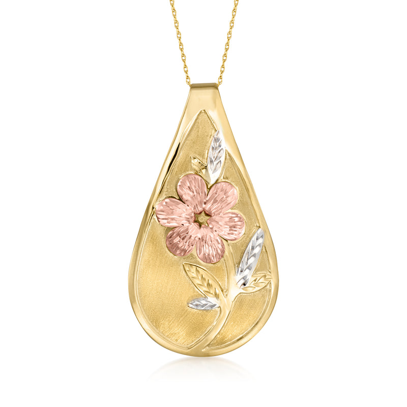 Tri-colored 14kt gold teardrop pendant with textured petals and pink flower detail