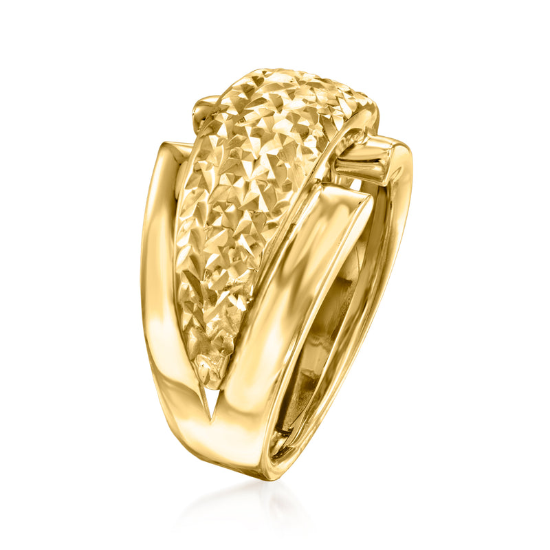 Yellow gold ring with diamond-cut textured oval top and polished bezel