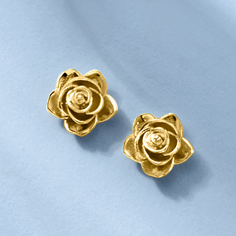 14kt yellow gold rose stud earrings with raised flower texture