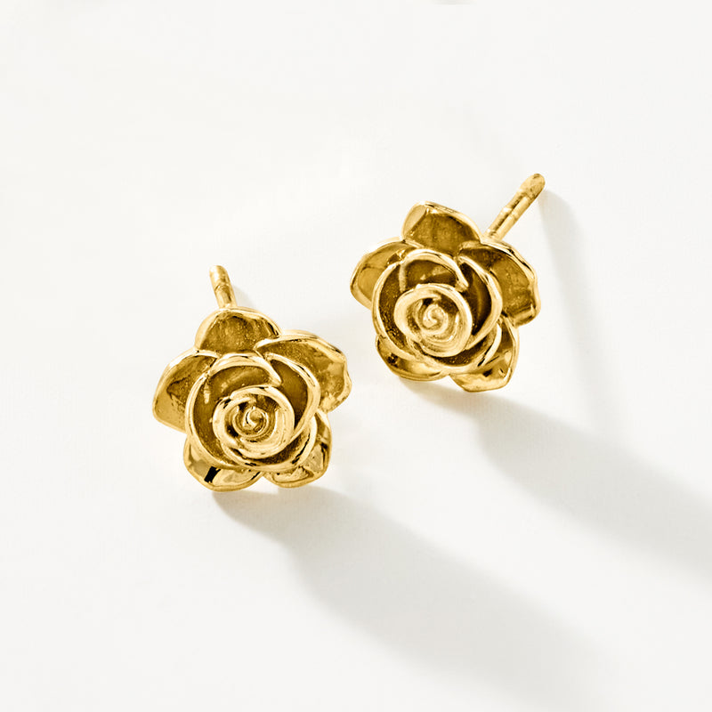 14kt yellow gold rose post earrings with visible posts and backing