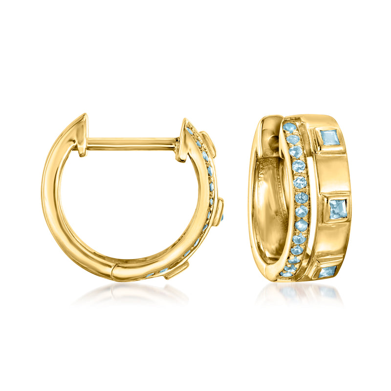 14kt yellow gold hoop earrings with sky blue topaz and small round accents