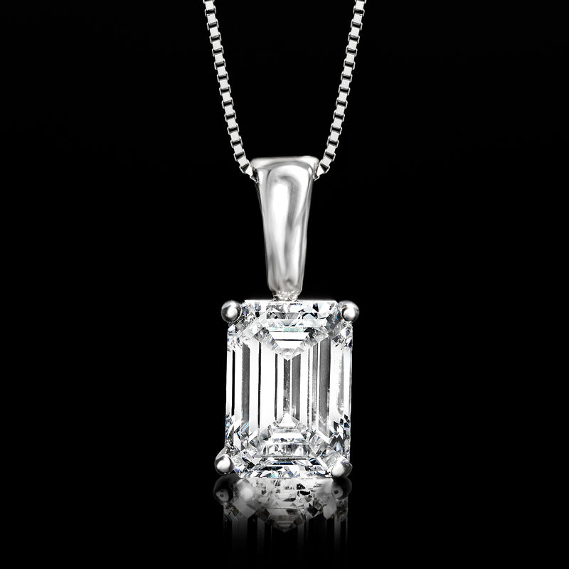 14kt white gold emerald-cut lab diamond pendant with four-prong setting