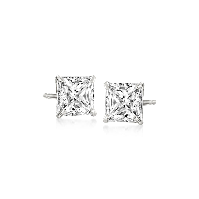 White gold princess-cut diamond stud earrings with square stones and four-prong settings.