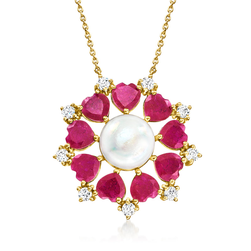 Gold-tone ruby and cultured pearl pendant necklace with white topaz accents