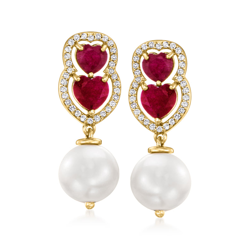 Gold-tone heart drop earrings with ruby heart stones, white topaz halos, and white cultured pearls