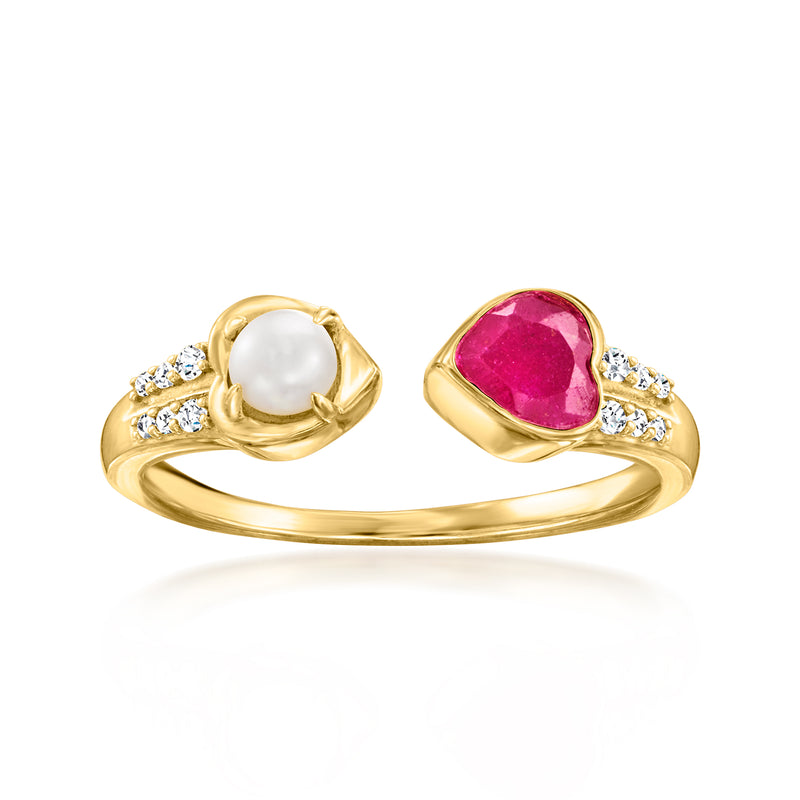 Gold heart ruby and pearl ring with small diamond accents