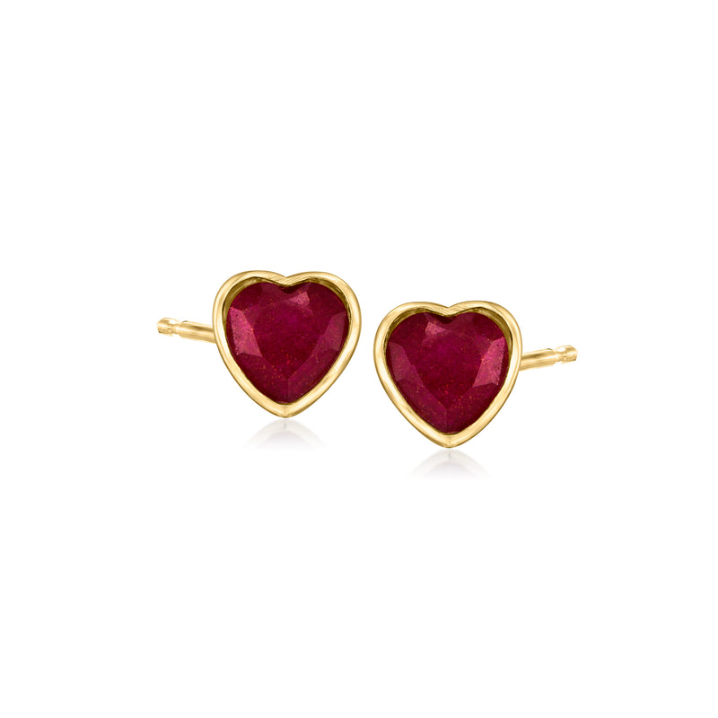 Heart ruby stud earrings in gold-tone with heart-shaped deep red stone