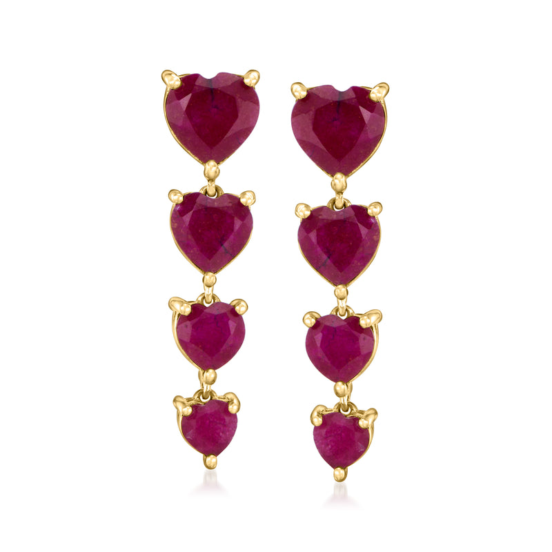 Heart drop earrings with deep ruby-red linear hearts and gold-tone bezels