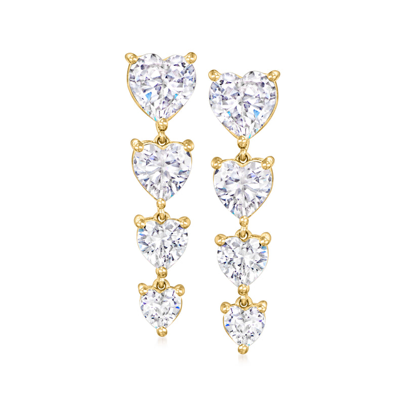 Gold-tone drop earrings with linked CZ heart stones and dangling heart clusters