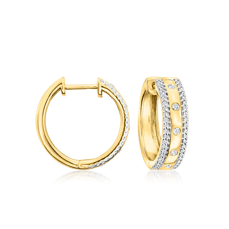 Diamond-edge hoop earrings in gold over sterling, shown front and side views
