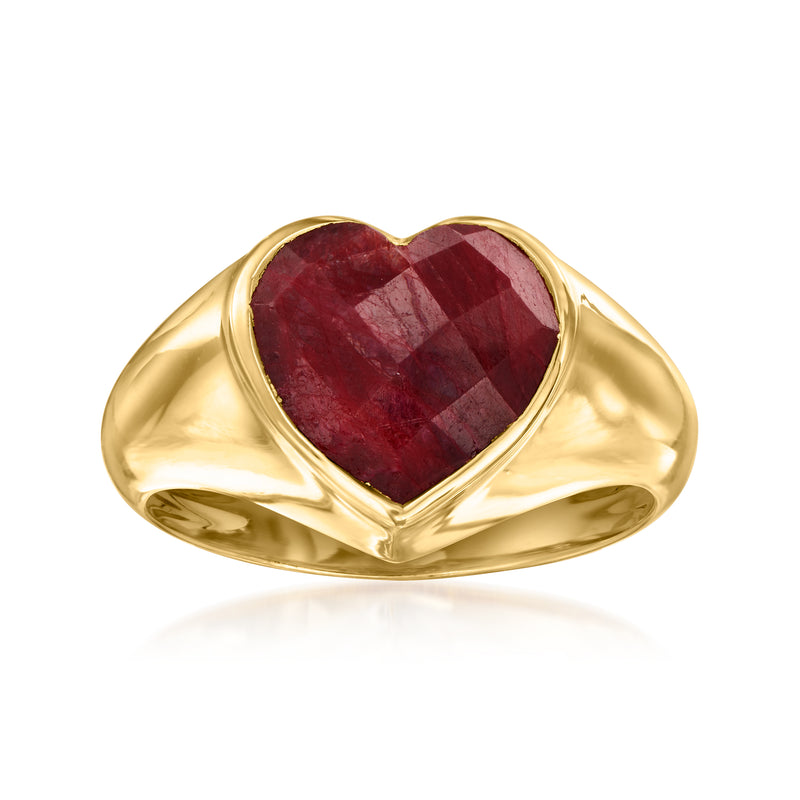 Gold heart ruby ring with faceted ruby heart stone and polished band