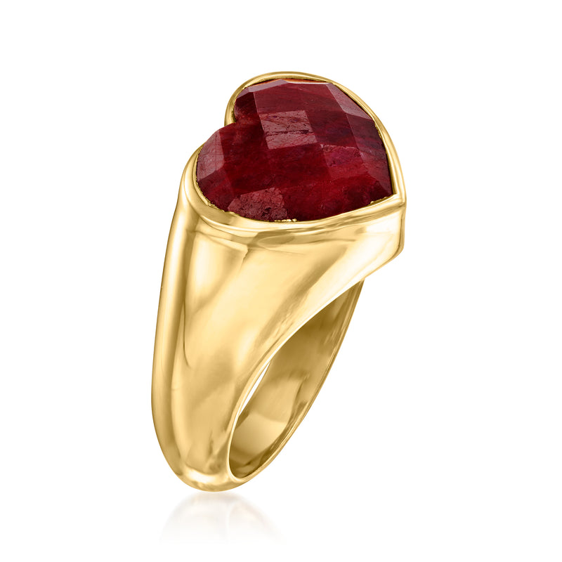 Gold ring with heart-shaped ruby gemstone, oval profile view