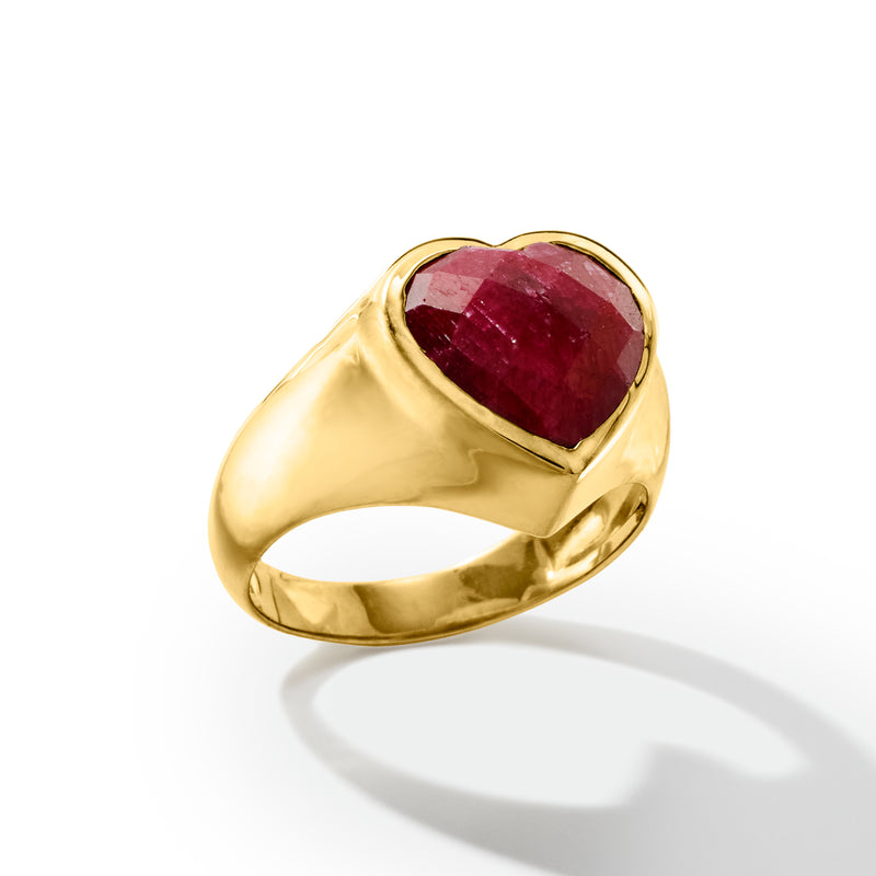 Gold heart ruby ring with raised ruby in square bezel and smooth band