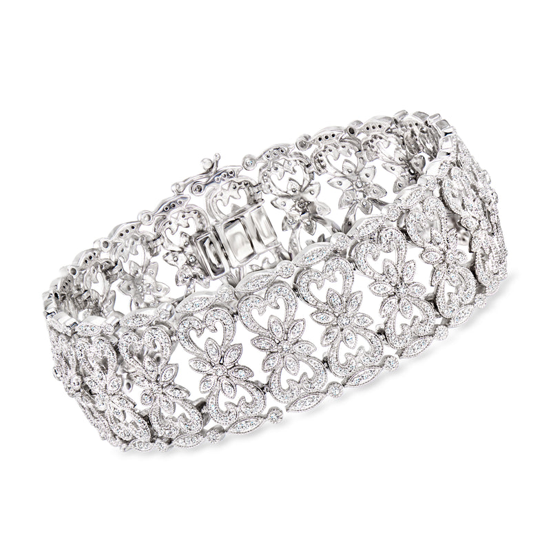 Sterling silver diamond floral openwork bracelet with textured flower motifs