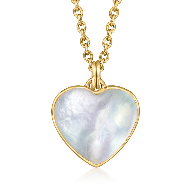 Gold heart pendant necklace with iridescent mother-of-pearl center