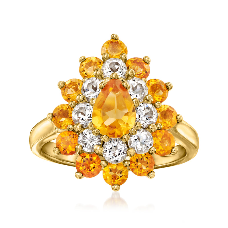 18kt gold over sterling ring with pear citrine center, white zircon rounds, orange halo