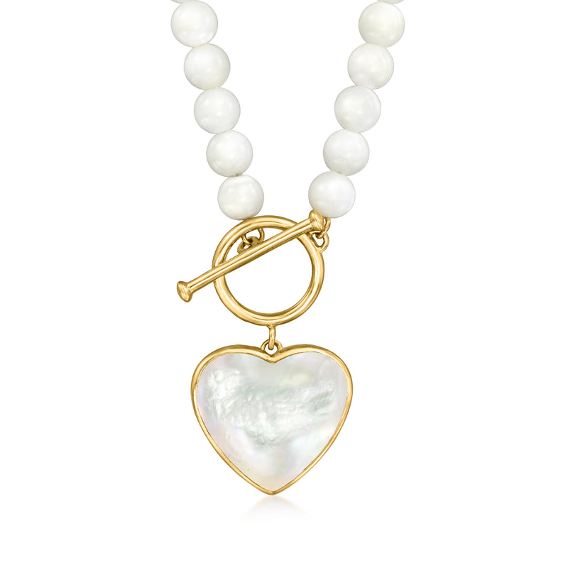Mother-of-Pearl heart toggle necklace with white bead strand and gold heart charm