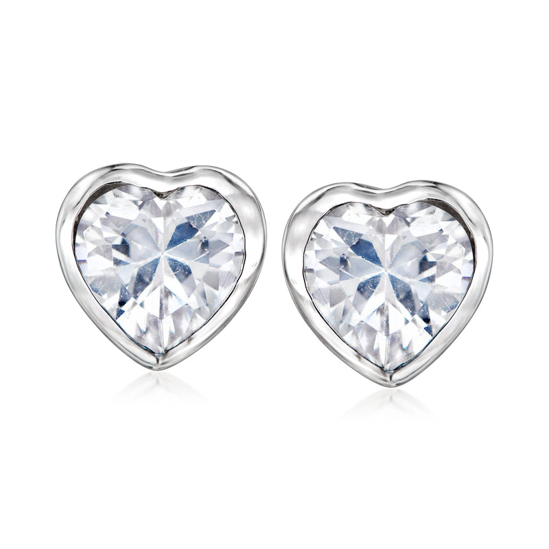 Sterling silver heart stud earrings with clear CZ, faceted sparkle stones