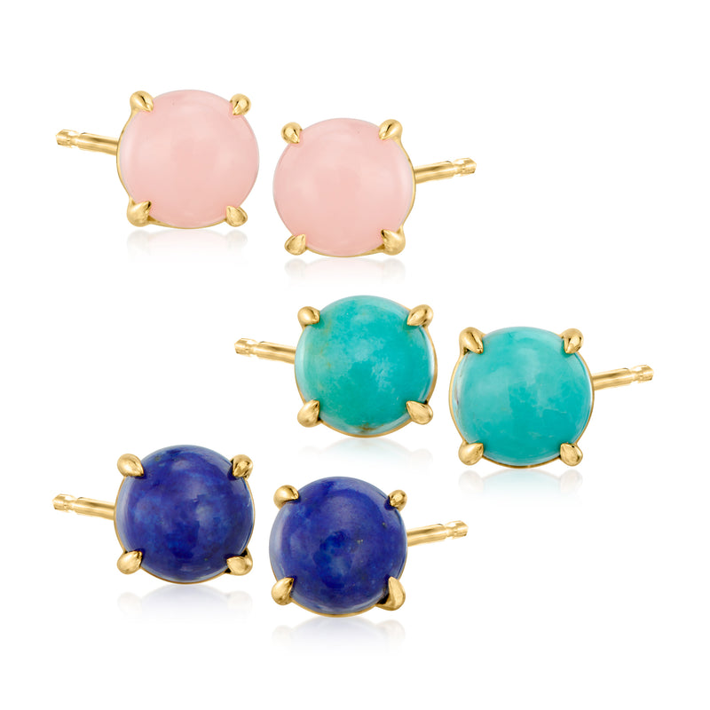 Gold-tone stud earring set, three gemstone pairs: pink, teal, and deep blue.