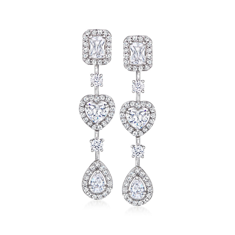 Sterling silver CZ drop earrings with square, heart, and teardrop crystal drops