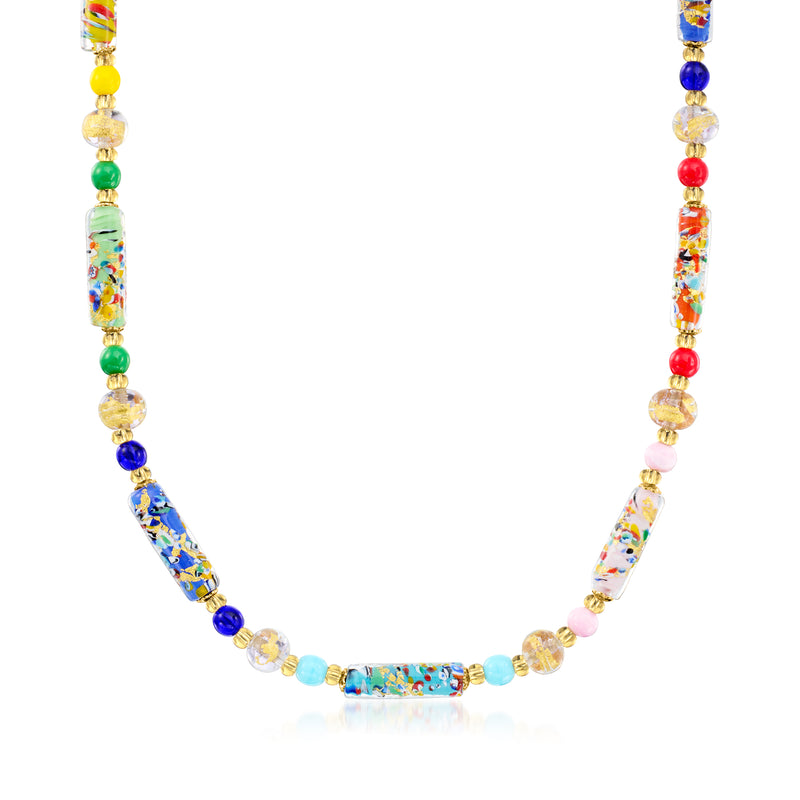 Multicolored Murano glass bead necklace with gold-tone spacers