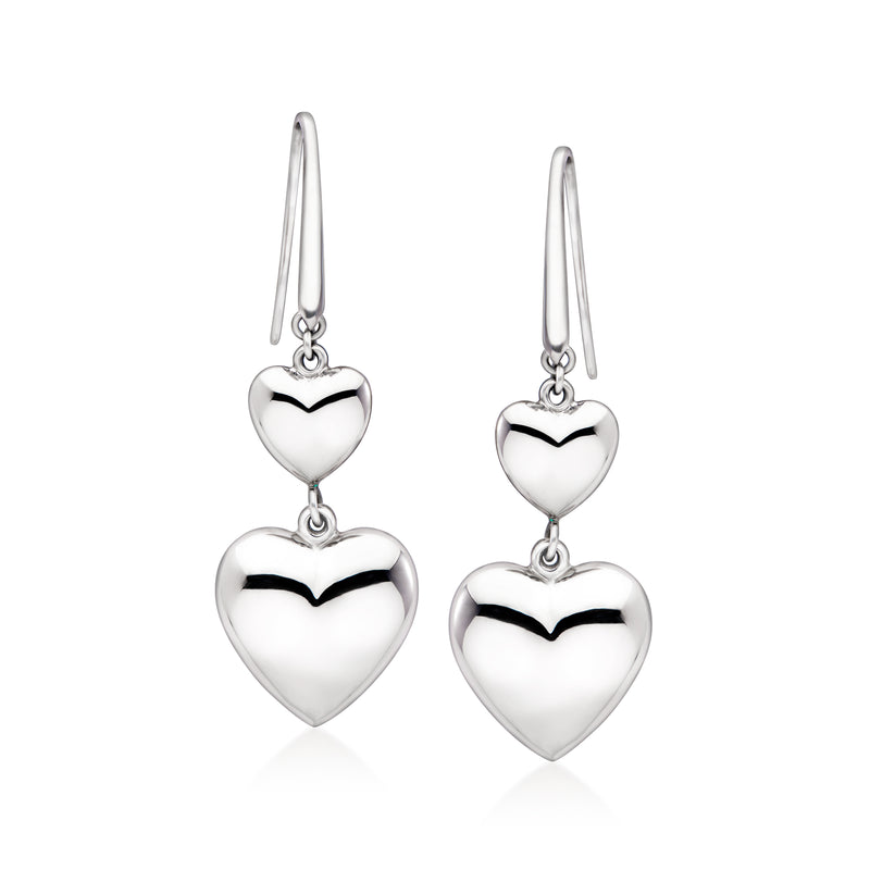 Sterling silver double heart drop earrings with dangling heart charms