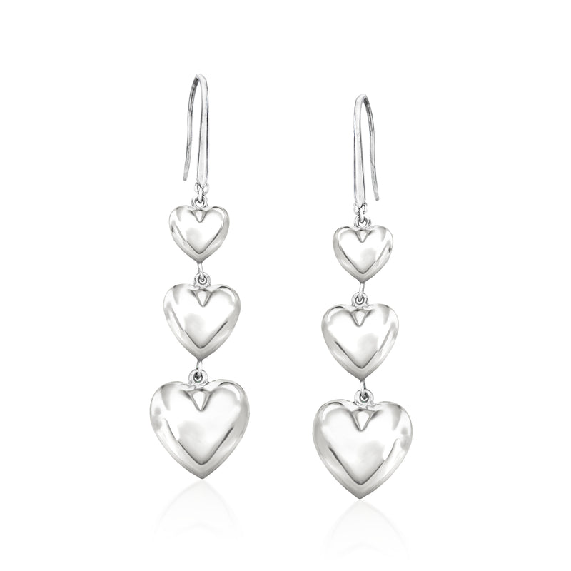 Sterling silver heart drop earrings with three graduated hearts and earwire closures