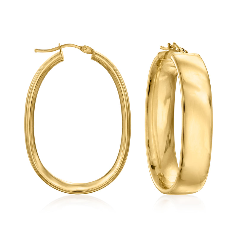14kt yellow gold oval hoop earrings with polished finish, hinged clasp, front and side view