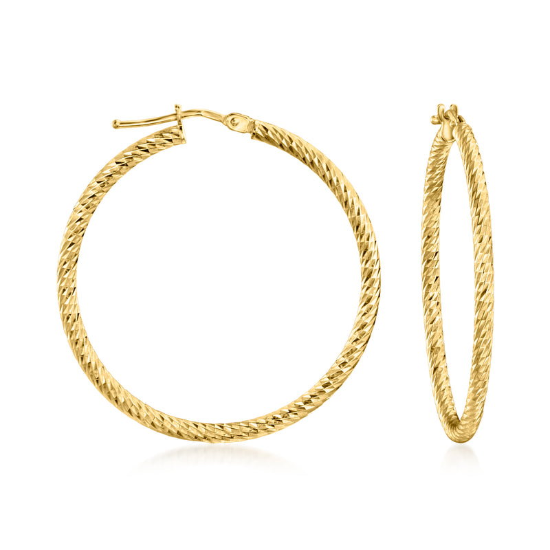 10kt yellow gold diamond-cut hoop earrings with twisted texture
