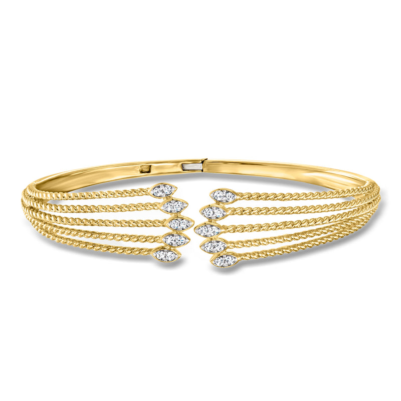 Gold multi-row diamond cuff bracelet with three center oval diamond drops and hinge clasp
