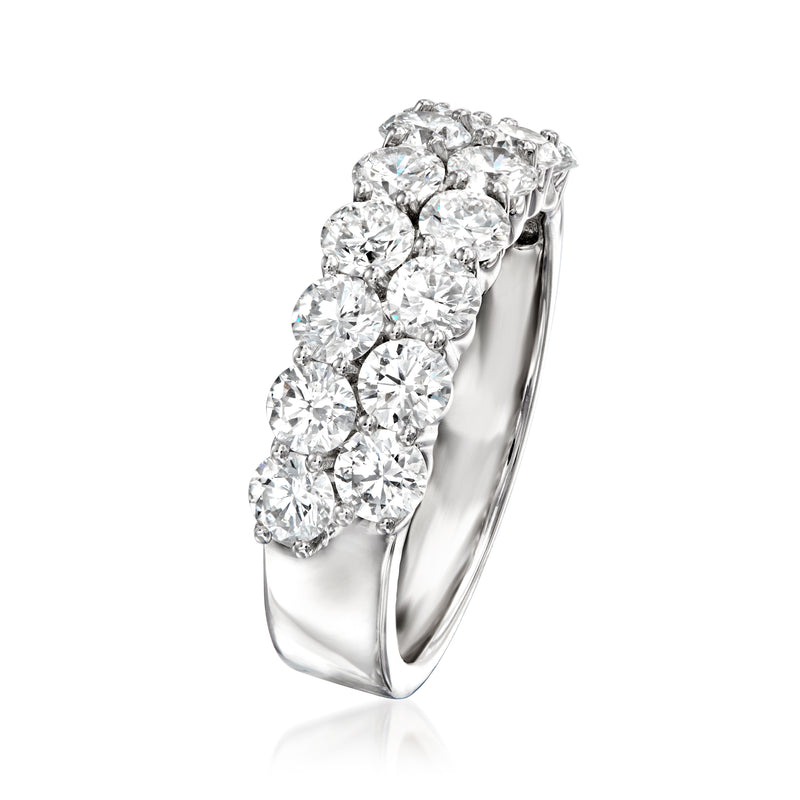 White gold ring with clustered round diamonds, two-row style, side view