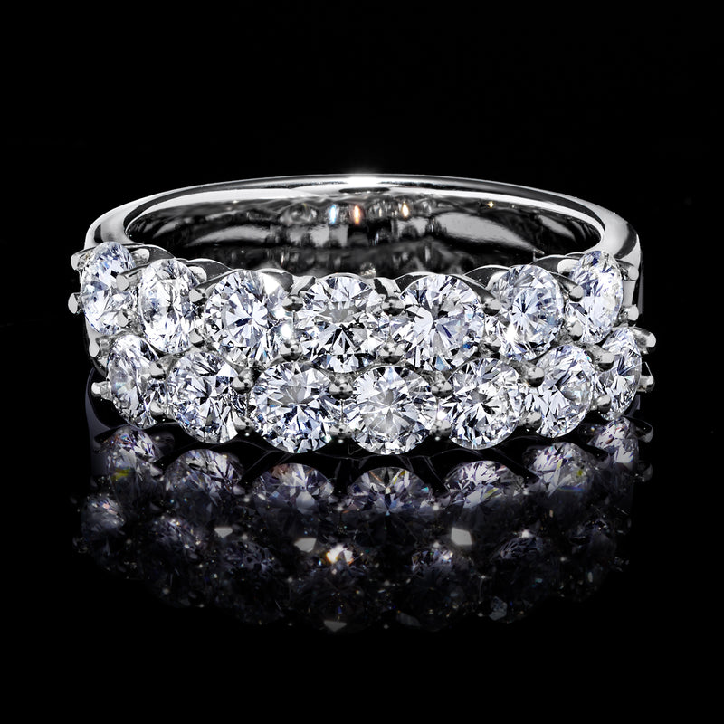 White gold two-row diamond ring with bright round stones and polished shine