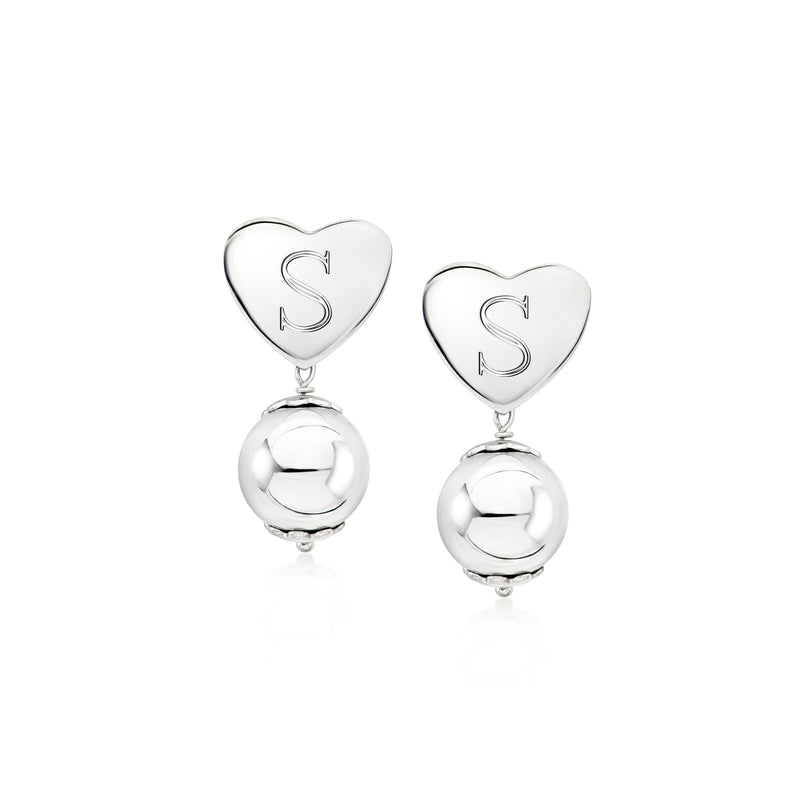 Sterling silver heart drop earrings with engraved initial S and round ball dangles