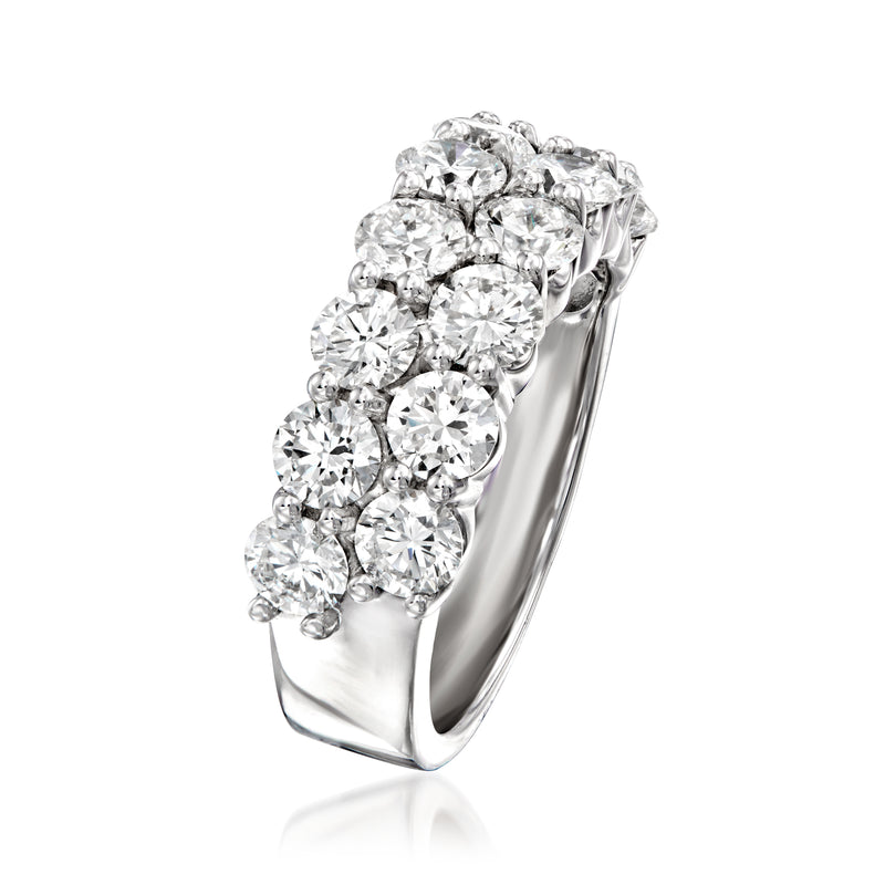 Two-row lab-grown diamond ring, side view of round stones on 14kt white gold
