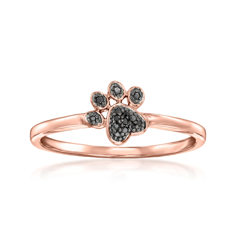 14kt rose gold paw print ring with black diamonds