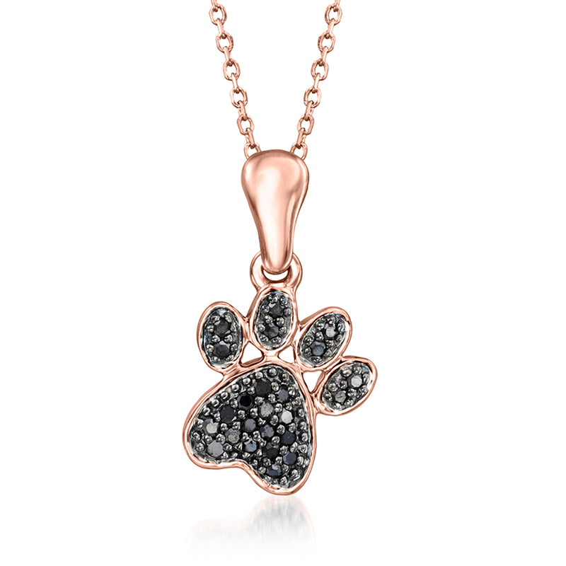 Black Diamond rose gold paw print pendant necklace with black gemstone detail